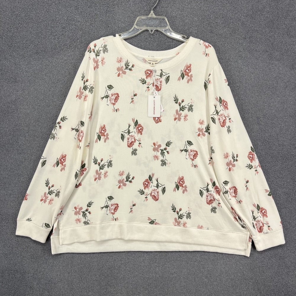 Lucky Brand‎ Top Womens 2X Cream Rose Floral Knit sweater Long Sleeve soft